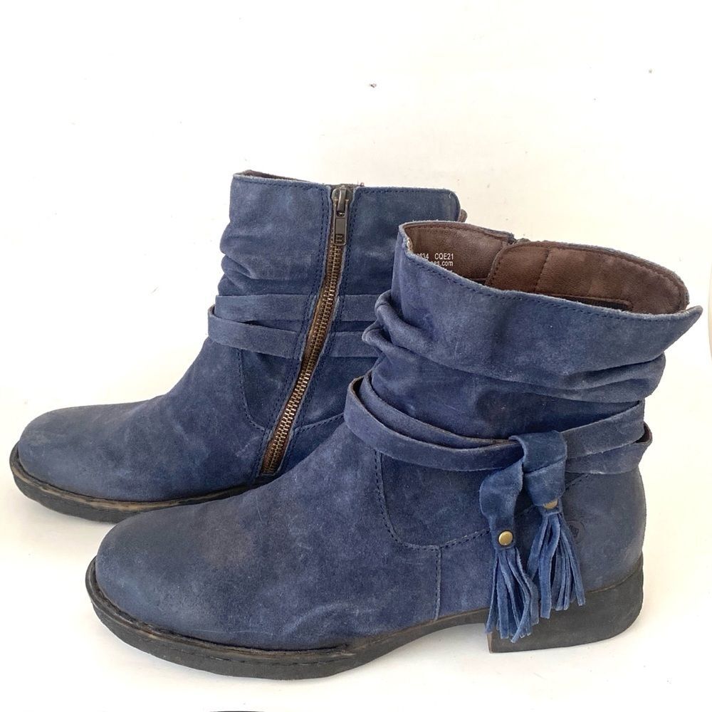 Born Navy Blue Suede Scrunched Ankle Boots Sz 10 Tassels Boho Western Renfaire